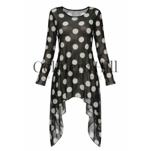 Kozan Mandy Tunic in the spotty black and white Dalmation print. Made of a fine mesh fabric, it is semi-sheer